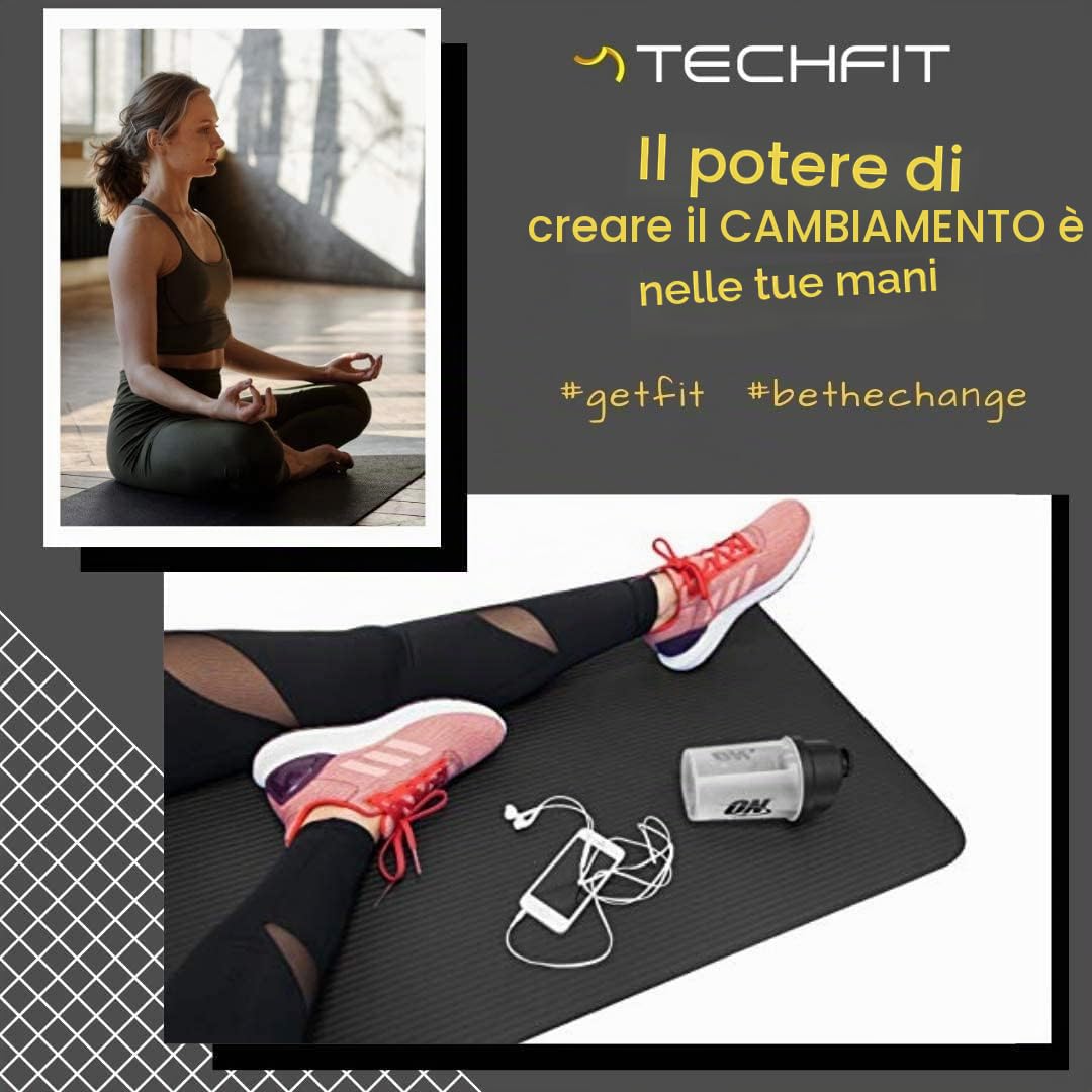 TechFit Tappetino Yoga 180 x 60 cm 10 mm Antiscivolo, nero | Materiale: Schaumstoff, con tracolla, imbottito e comodo, per Pilates, ginnastica e stretching