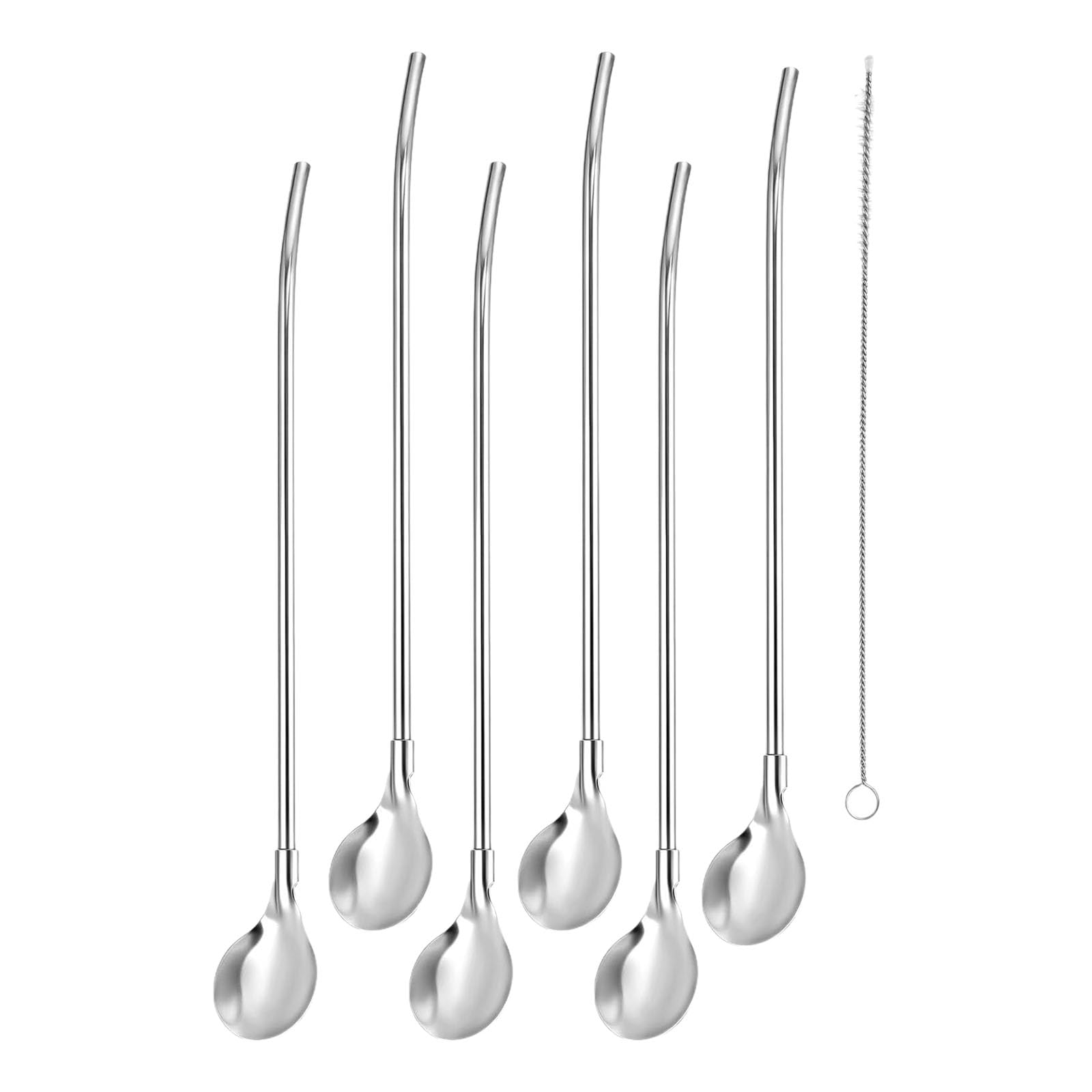NEWFT 6Pcs Drinking Straw Spoon Cocktail Stirring Spoon Metal Straw With Brush For Cold Drink Home Party