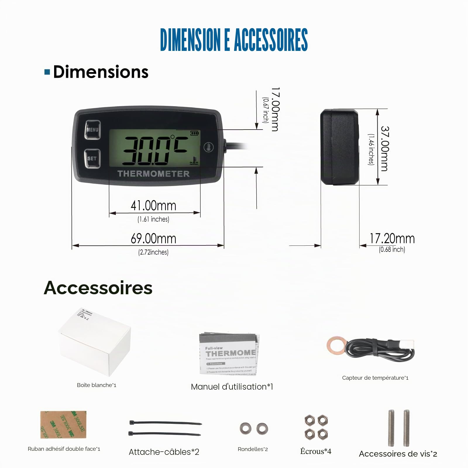 Jauge de température du moteur LCD numérique Runleader, alerte de surchauffe, rétroéclairage vert, batterie remplaçable pour moto générateur Dirtbike ATV hors-bord Motoneige marine