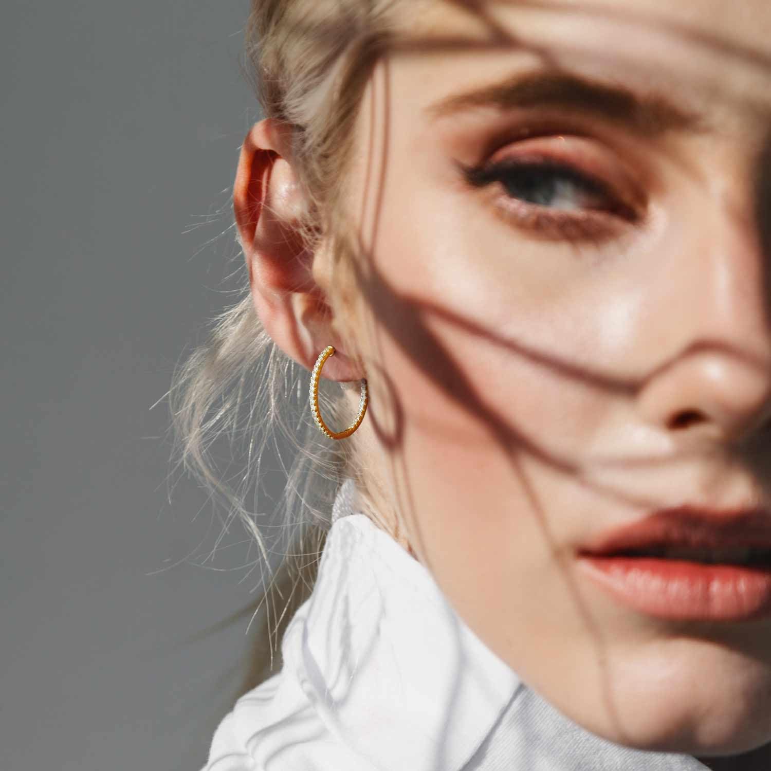 Hoop Earrings 14K Gold Hoop Earring for Women 14K Gold Earrings for Women Dual-designed Cubic Zirconia Hoops Womens Earring Hinged Clasps/Latch Back 30mm