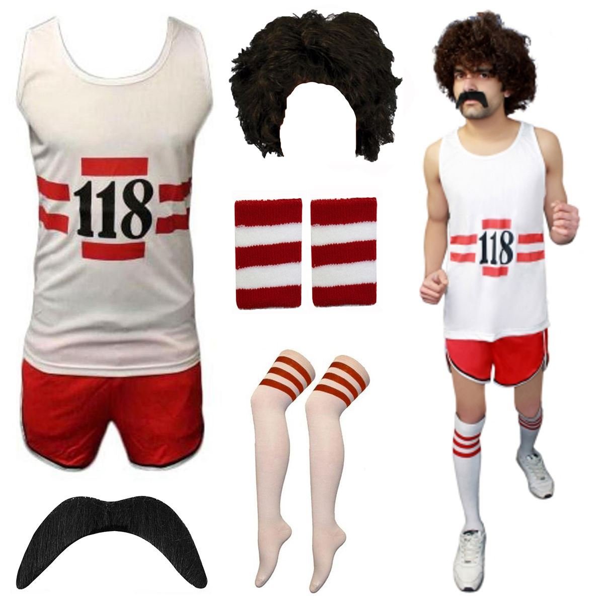 RIDDLED WITH STYLE 118 Fancy Dress Mens Ladies Costume Complete Set Marathon Retro Outfit Fancy Dress Costume Do Stag Marathon Vest Shorts Wig Tash Wristband Lot