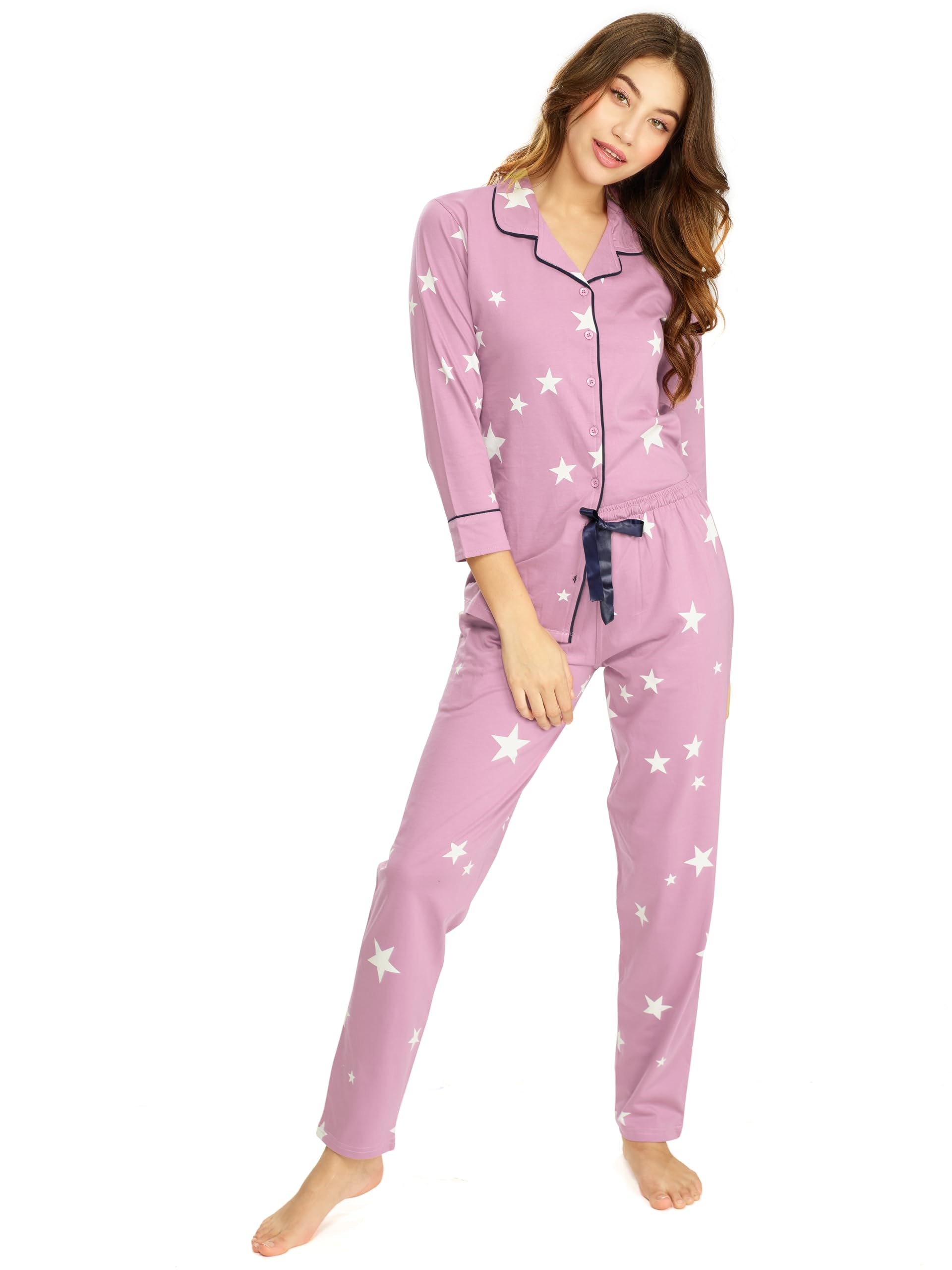 lotik Women's Cotton Star Printed Shirt - Payjama Full Sleeve Loungewear Night Suit Set-picture-50