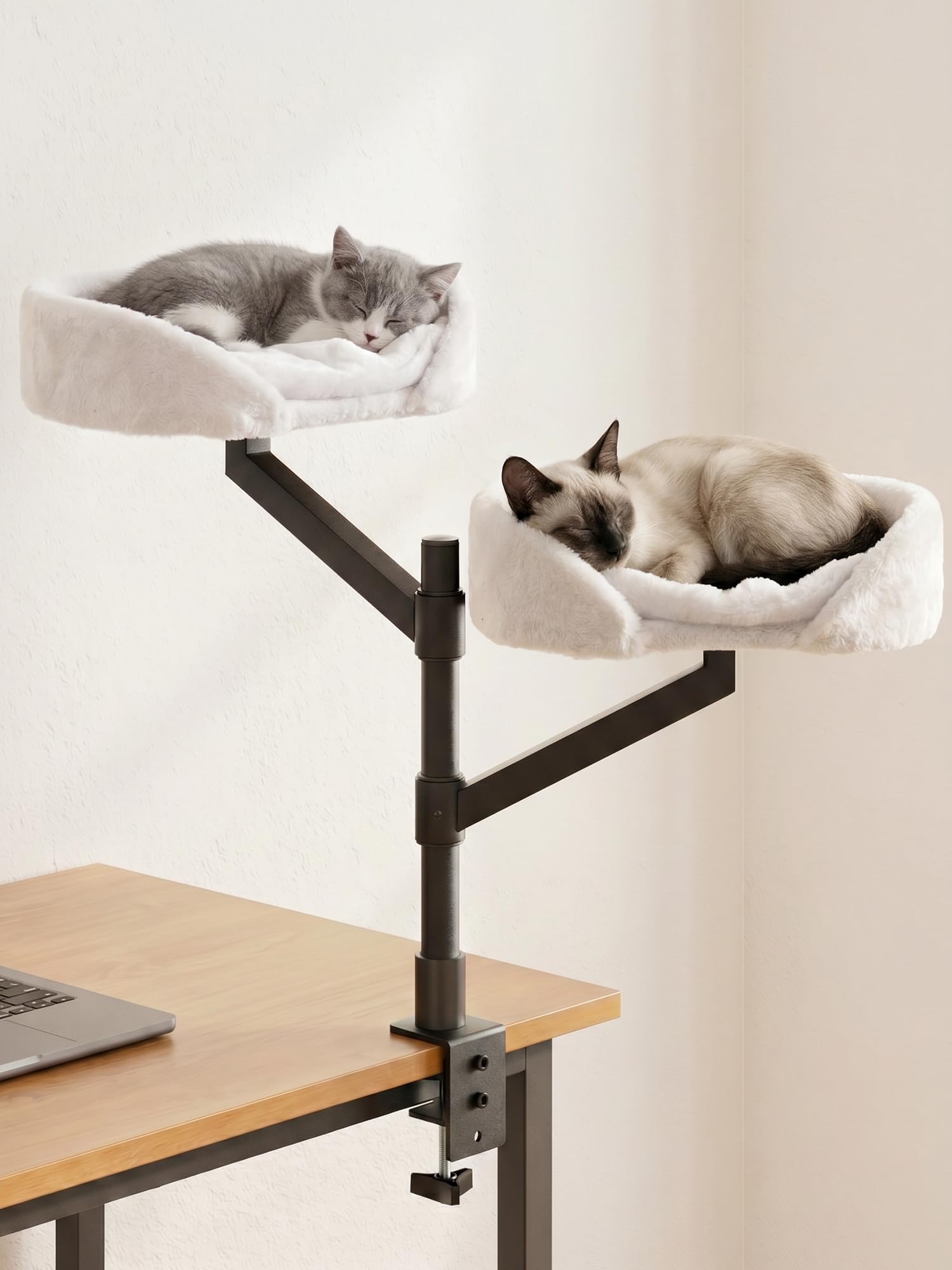 Apetaccat Cat Bed for Desk, Height Adjustable, 360° Rotating Stand, Washable Cushion,Hammock, Desk Mounted Cat Bed, Supports up to 10 kg, Suitable for Large Cats (White, 2-Tier)