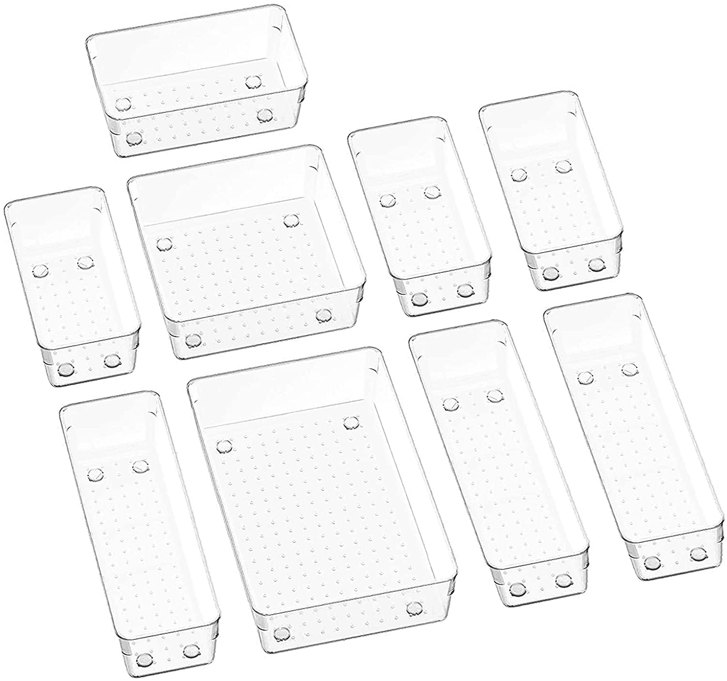 Snazzy Clear Plastic Desk Drawer Divider Organizer Trays For Dresser Storage Bins Separation Box For Makeup, Jewelries And Gadgets, Bedroom, Bathroom, Office (Transparent, 9 Pcs)