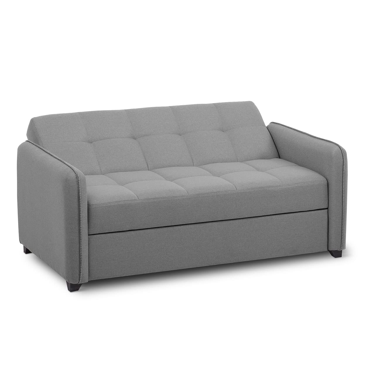 EVERGREENWEB - Divano Letto 2 posti Grigio con letto estraibile e spalliera reclinabile, Divano di design Moderno zampe di legno e cuscini in omaggio, Braccioli Slim, Materasso 140x190 - Odette
