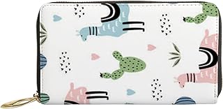 Carteiras femininas de couro genuíno bonito lhama elementos cacto estojo porta-cartão de crédito com zíper organizador de embreagem de couro feminino bolsa longa de viagem, Elementos fofos de cacto de lhama, 7x4.3x0.8 Inches