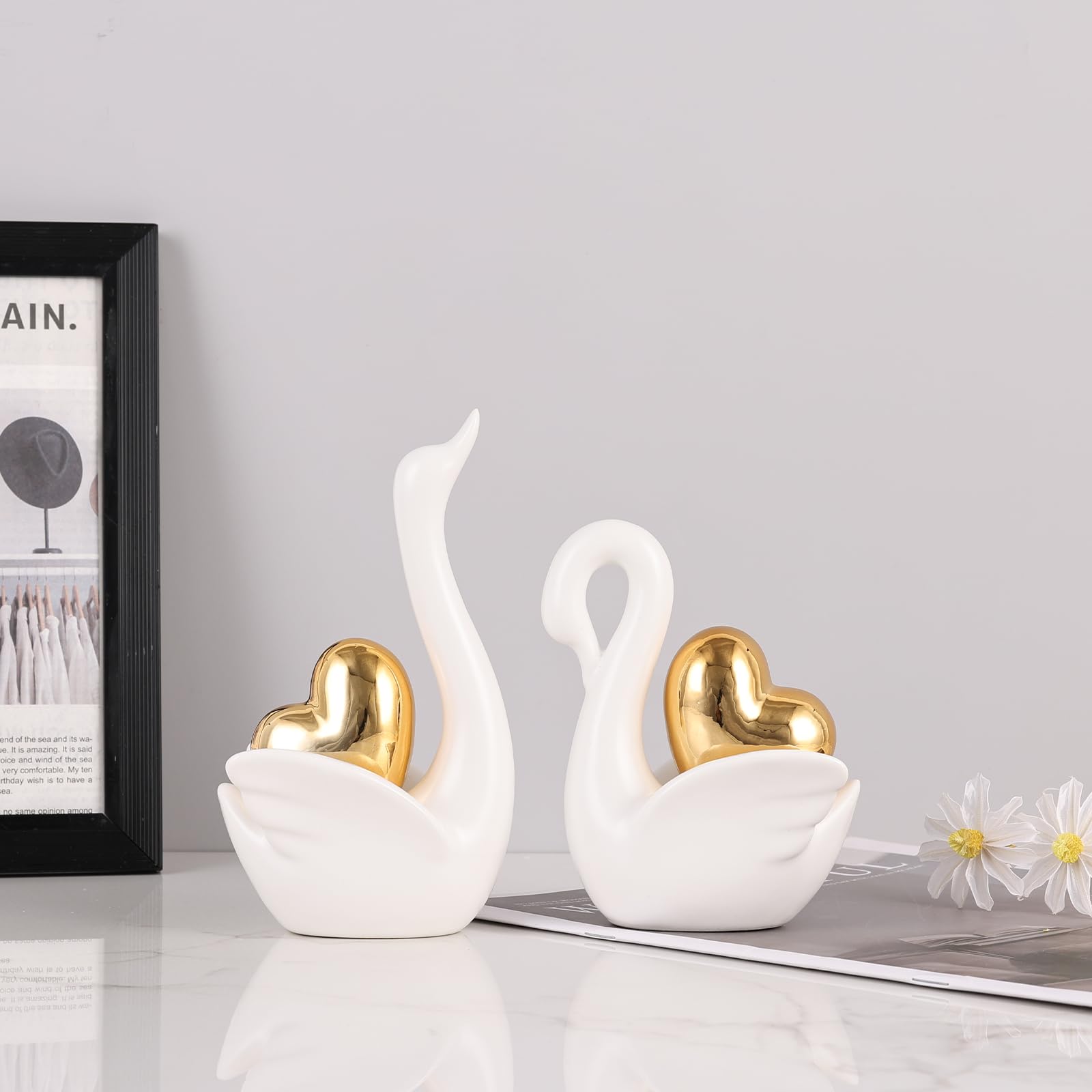 Amazon.com: Ceramic Swan Figurines with Golden Heart – Couple Swan