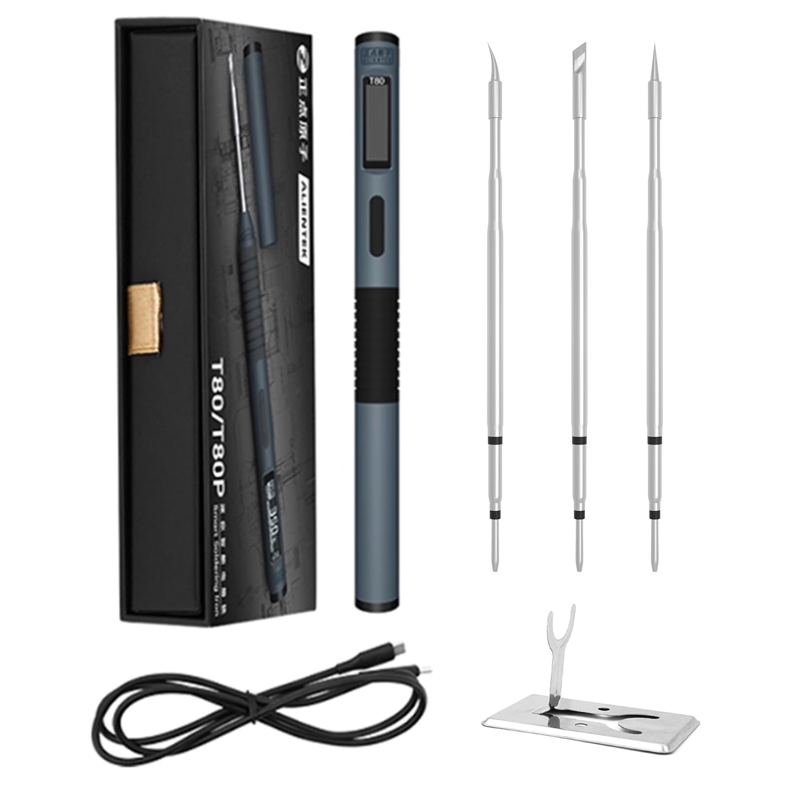 T80 - Kit de soldador portátil inteligente de 100 W, control de temperatura constante para el mantenimiento del hogar, incluye cable USB tipo C de 3 tipos y soporte TH50