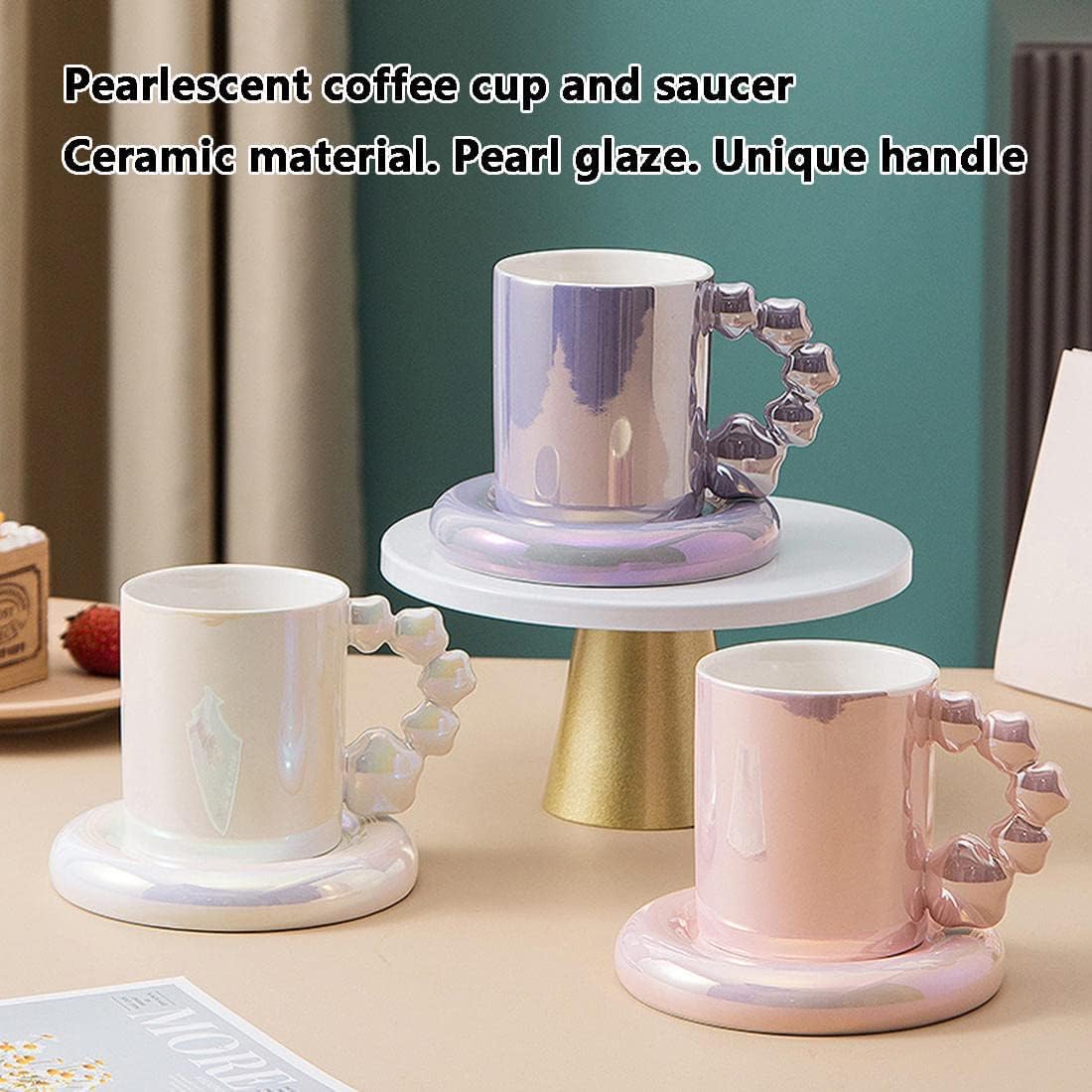 Ceramiczny zestaw kubków do kawy do cappuccino i latte, białe filiżanki do espresso z uchwytem w gwiazdki, zawiera spodki, 320 ml, idealny dla miłośników kawy