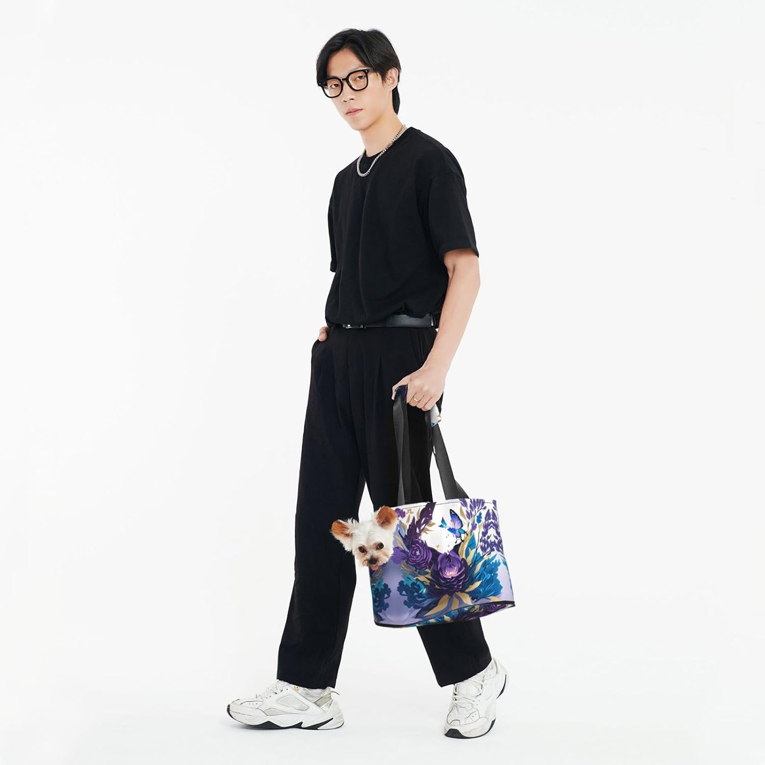 Purple Butterfly Print Portable Foldable Shoulder Bag for Travel,with Collar Hook and Handle Pad,Cute Stylish Design