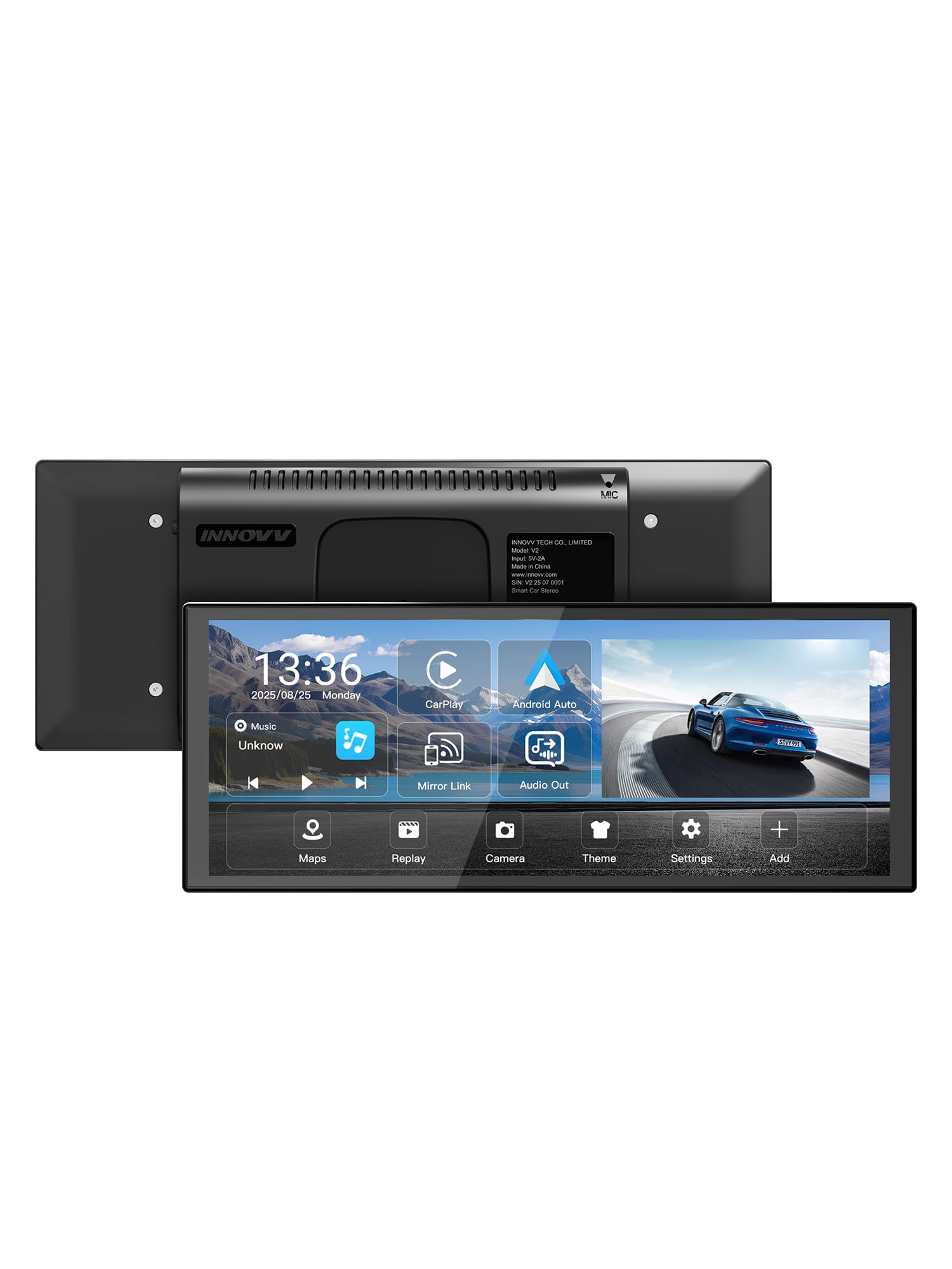 INNOVV V2 bezprzewodowa kamera samochodowa z systemem Android 10,3", ekran dotykowy IPS 1920 × 720 do samochodów, Mirror Link, nagrywanie w pętli, GPS, Siri z regulowanym stojakiem Magic Stand