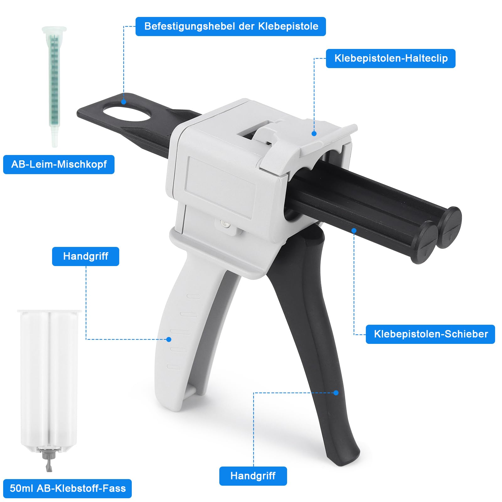 Pistolet à colle époxy AB - 50 ml - Poignée - Pistolet doseur pour mélange (2 composants 1:1, 50 ml)