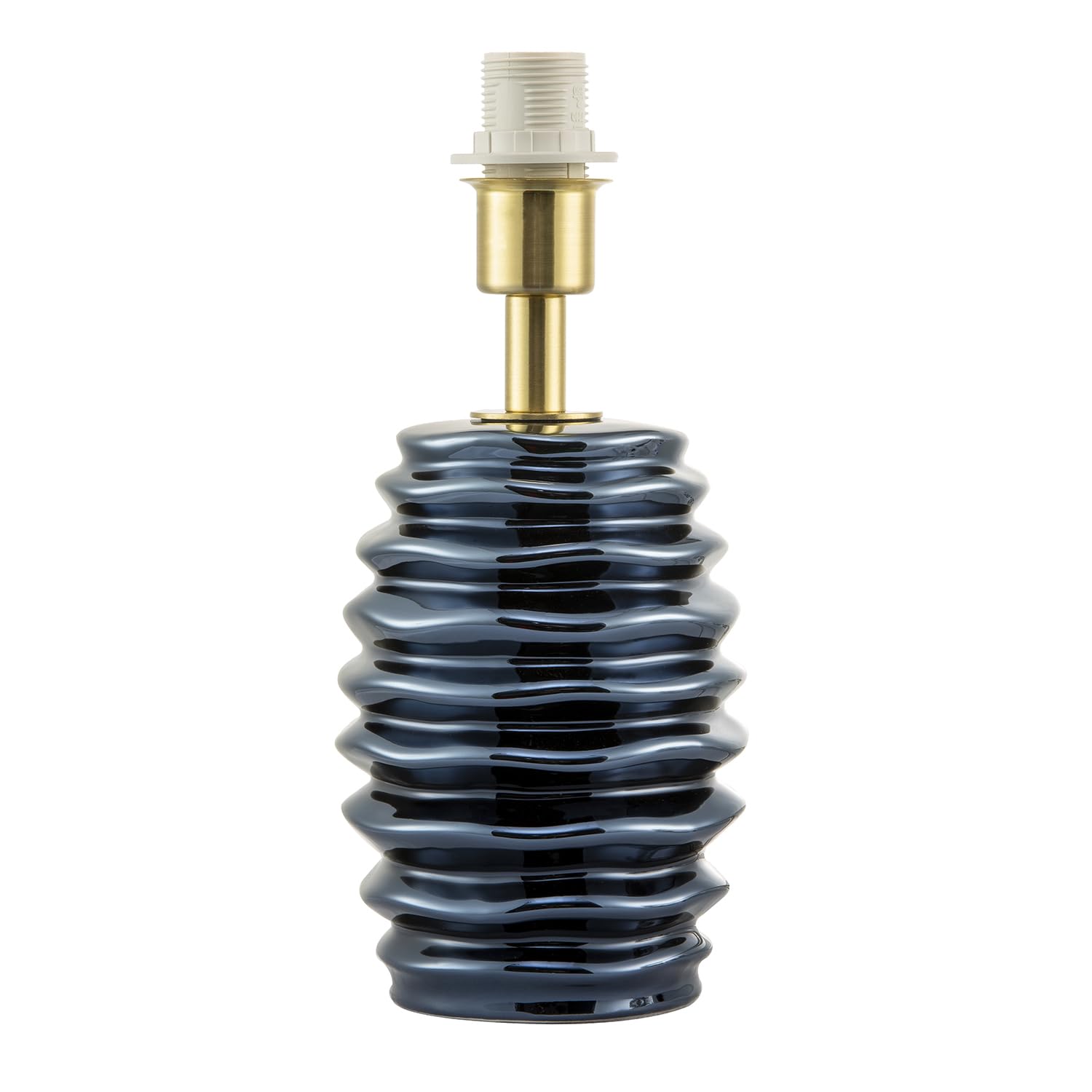 Happy Homewares Modern Metallic Blue Gloss Ceramic Table Lamp Base with Rippled Grooves | Satin Gold Plated Lamp Holder | 24cm x 11cm