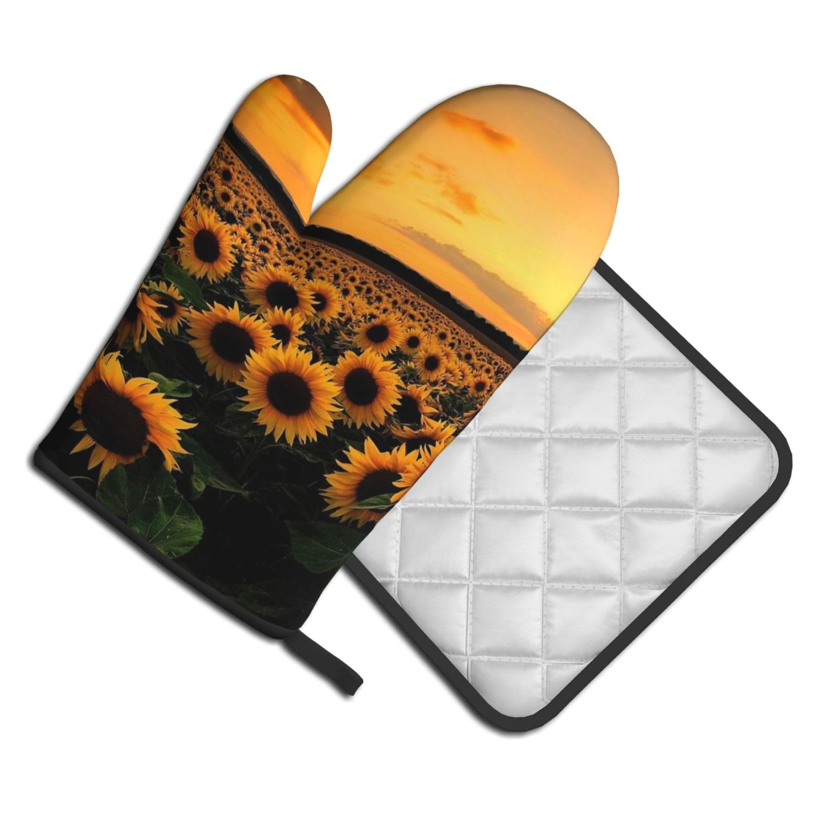 Oven Mitts and Pot Holders Set of 2 Pcs, Sunflower and sunset Printed Heat Resistant Kitchen Gloves Potholders for Cooking Baking Grilling