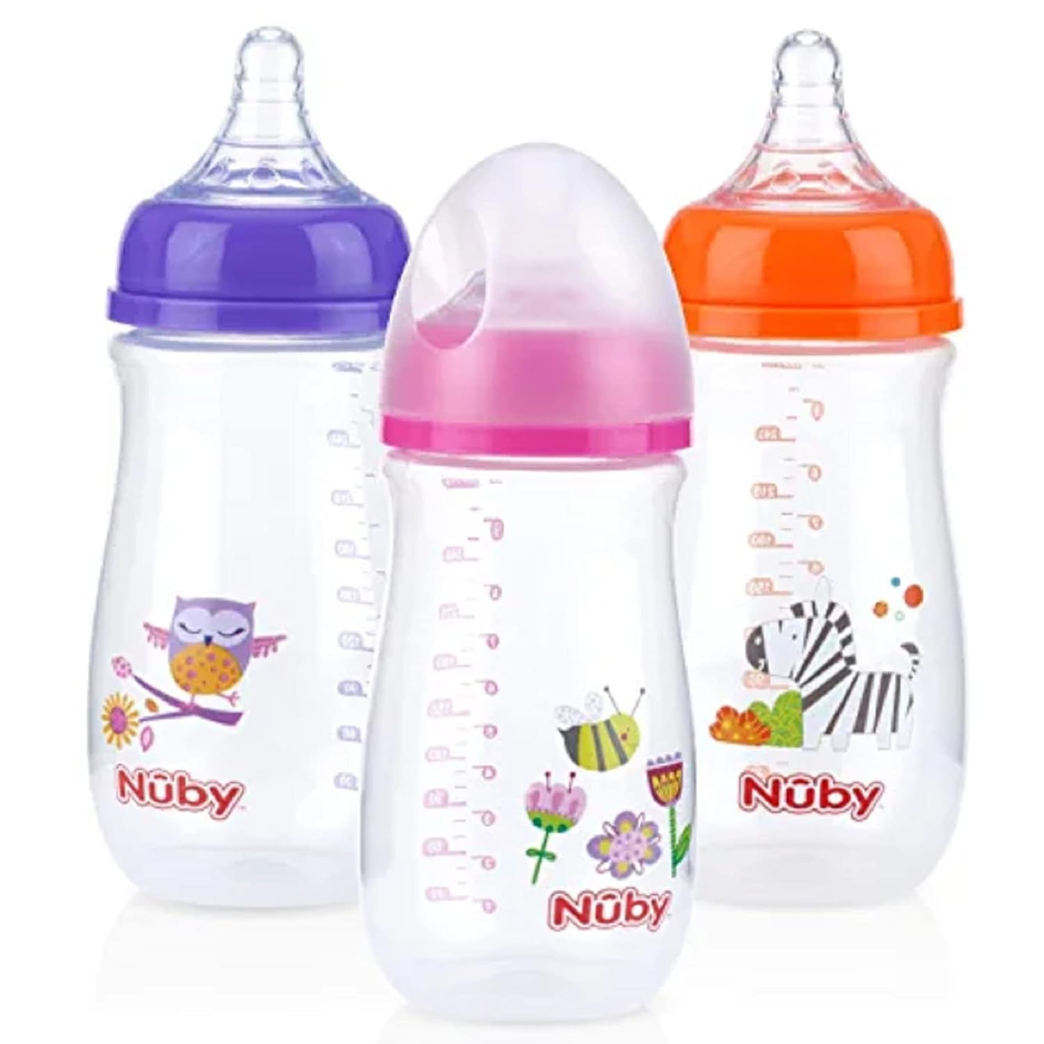 Nuby Tritan – Botellas antigoteo de cuello ancho con sistema de aire anticólico 9 oz. 9.1 fl oz, paquete de 3, 0M+, moradorosanaranja