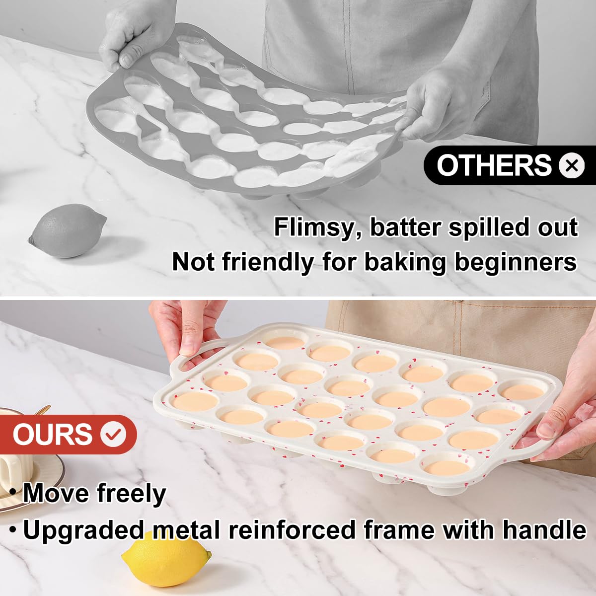 CAKETIME Mini-Muffinform, Metallverstärkter Rahmen, Mini-Cupcake-Formen, 24 Förmchen, antihaftbeschichtet, Muffin-Silikonformen mit Griff, zum Backen von Muffins, Cupcakes, Eierbissen, 2 Stück