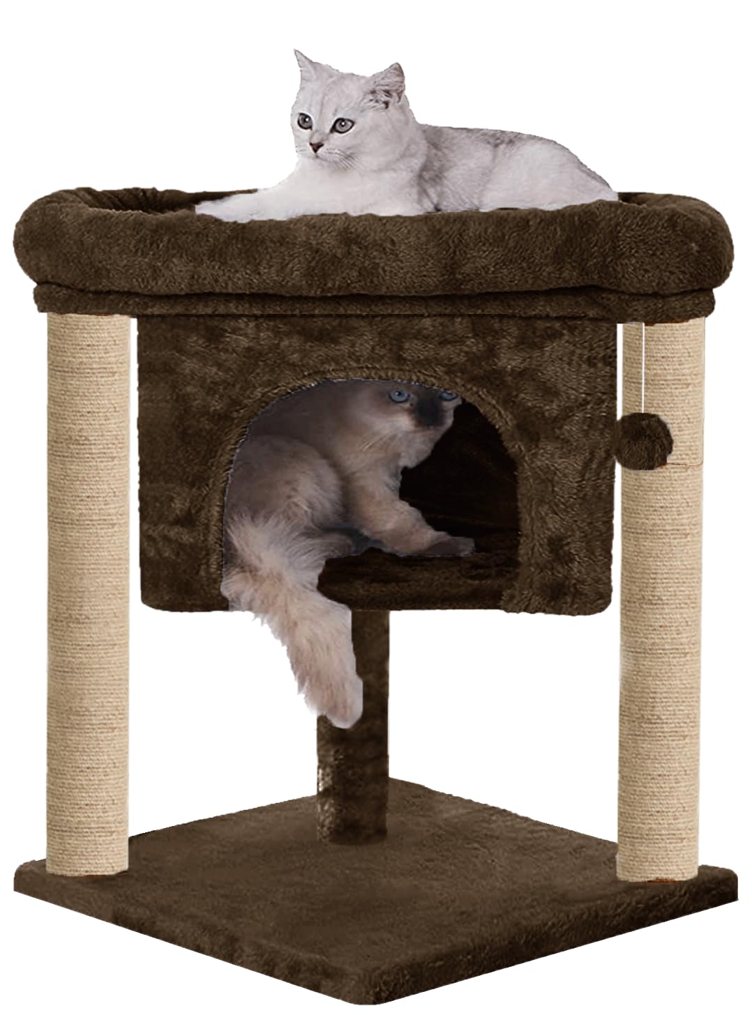Scratching Post Cat Kitten Activity Tree | Plush Fur Fabric | Hanging Ball | Condo & Detachable Bed | Jute Covered Rope | Suitable for Kittens (Height 23 Inch) (Brown) (FURR-61)
