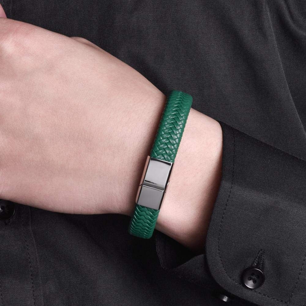 Bracelet Punk Men Jewelry Green Braided Leather Bracelet Stainless