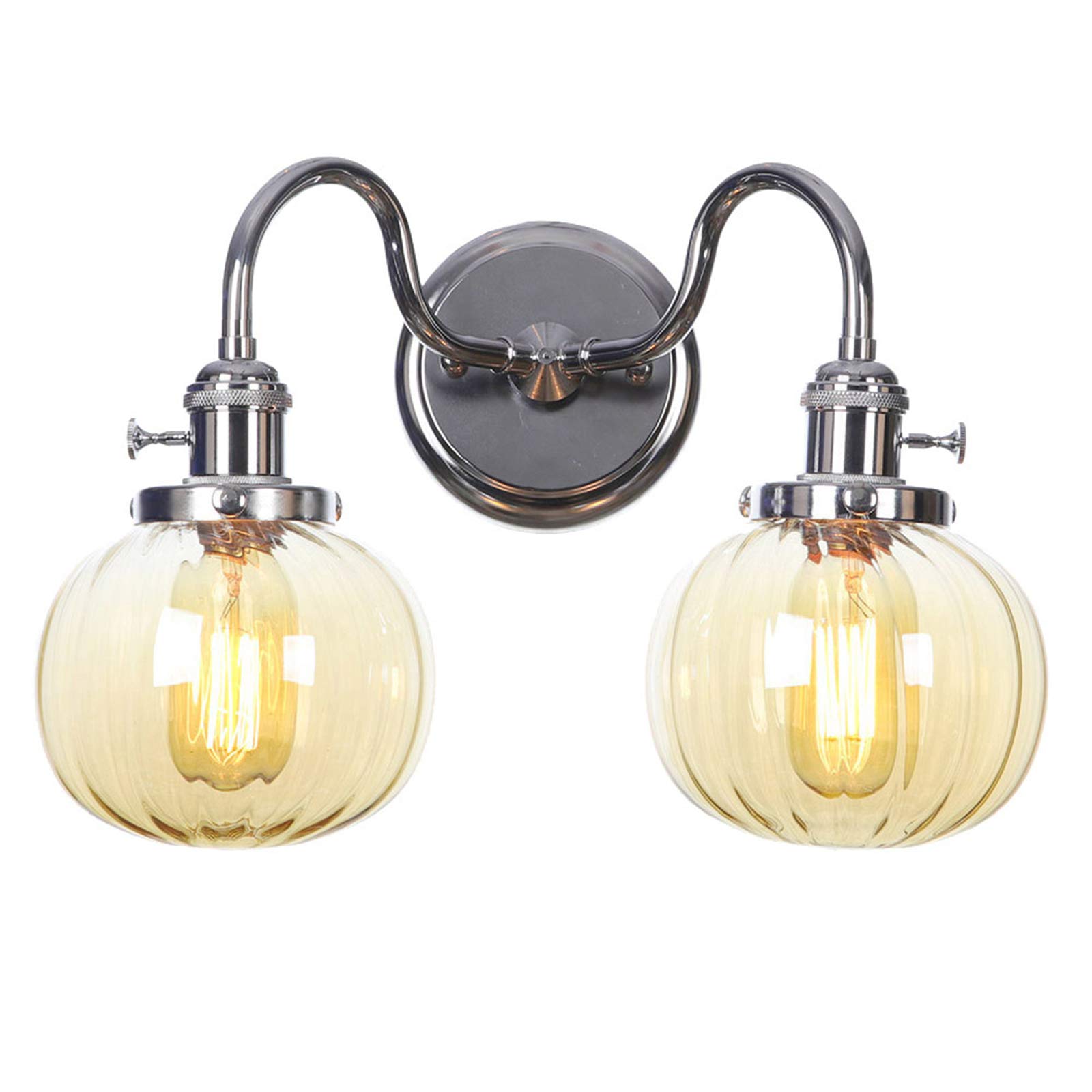 VDOQTLJT Wall Lamps with On/Off Switch 2-Lights Chrome Bathroom Mounted Lighting Amber Glass Lampshade Sconces A Sconce(E)