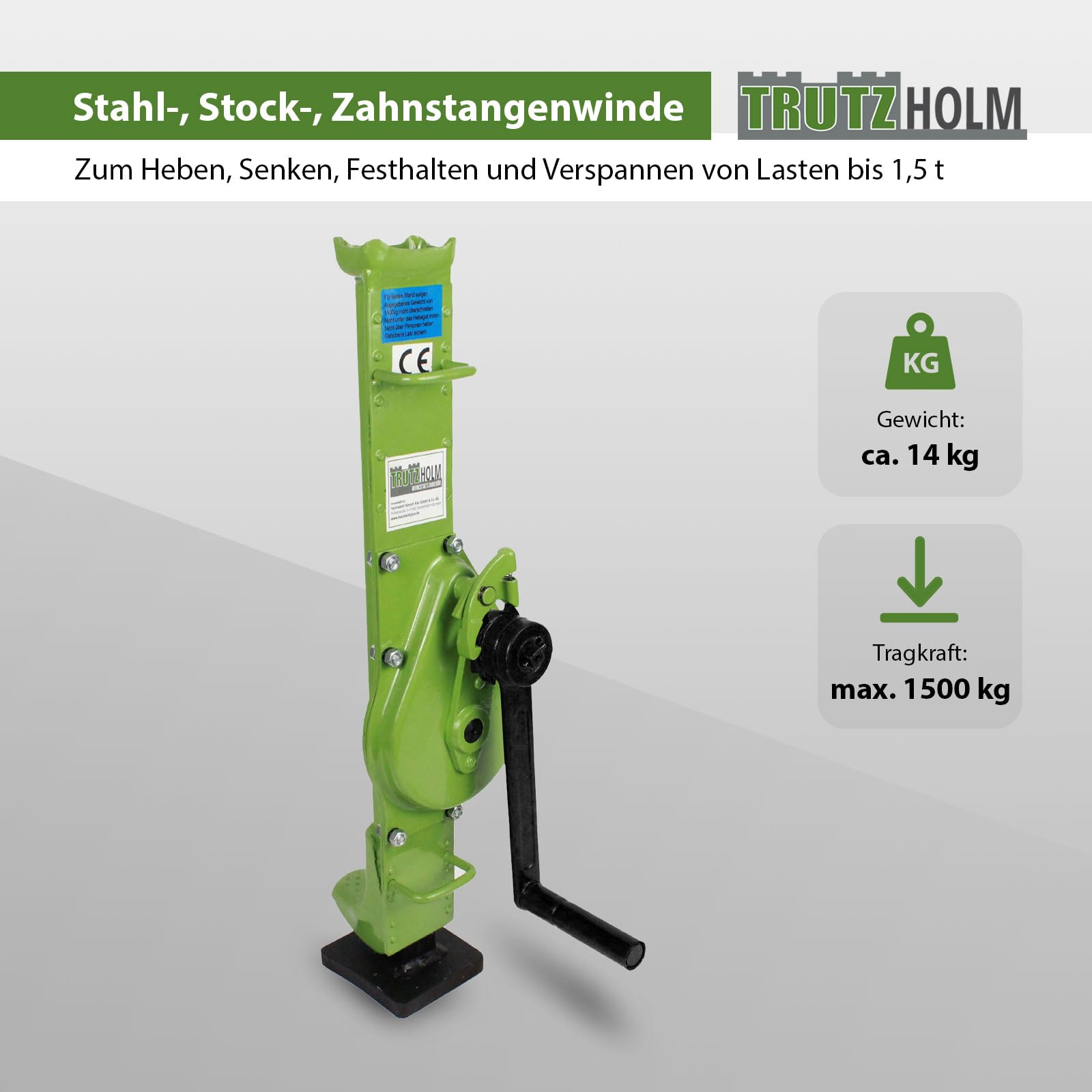 TRUTZHOLM Stahlwinde 3t Stockwinde Zahnstangenwinde 3000 kg 72,5-109,5 cm Höhe auomatische Bremse große Grundplatte Hubwinde Hebewinde Zahnstangenheber