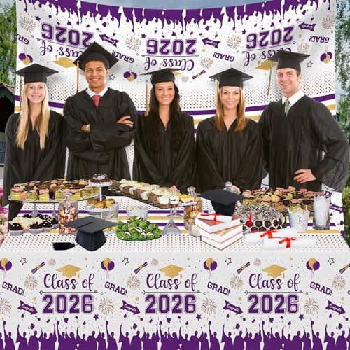 Image of Graduation Decorations Class of 2026 Tablecloth - 3 Pcs Plastic Congrats Grad Table Cloth, Graduation Table Cover for Graduations Party Decorations 2026 and Party Supplies, 54 inchx108 inch (Purple and Gold)