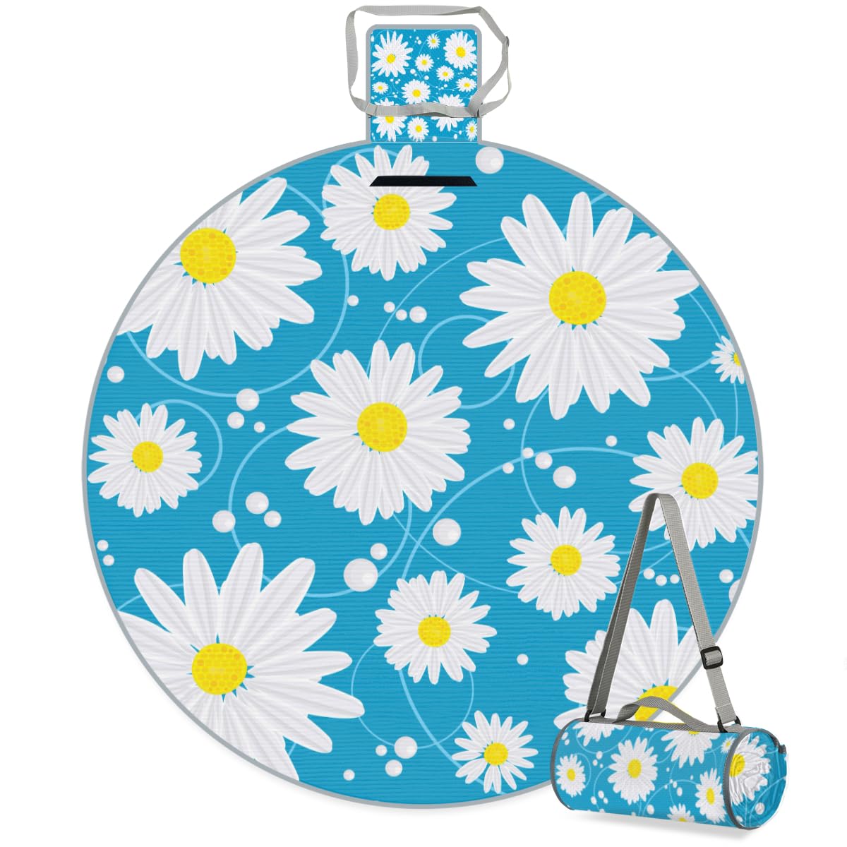 Shimoshe Floral Flower Daisy Picnic Outdoor Blanket Foldable Waterproof Sandproof Beach Blanket Portable Water-Resistant Floral Daisy Round Picnic Mat for Travel Camping Park Lawn