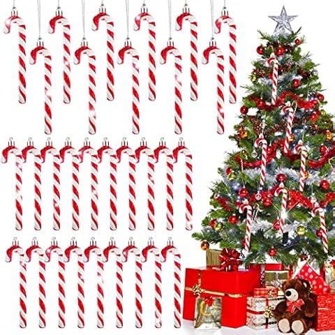Roowest 24 Pieces Christmas Candy Cane Ornaments Plastic Christmas Glitter Candy Crutch Pendant Red and White Xmas Tree Hanging Decoration for Christmas Party Favors Birthday Holiday Decoration Craft Cover