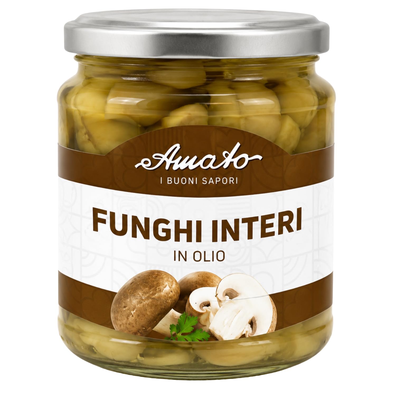 Amato Funghi Interi in Olio di Girasole 314 ml, Funghi Champignon Interi Conservati in Olio, Ideali per Pizza, Insalate, Antipasti, Contorni e Ricette, Confezione Multipla da 4/8/12 Pezzi (12 PEZZI)