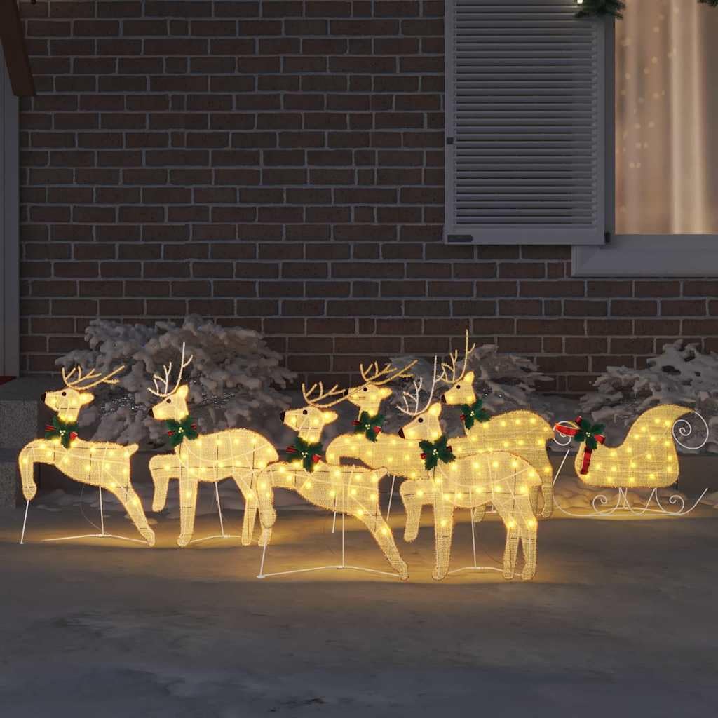 HaoChrymec Renne natalizie con slitta a LED in tessuto, oro, set da 7 pezzi