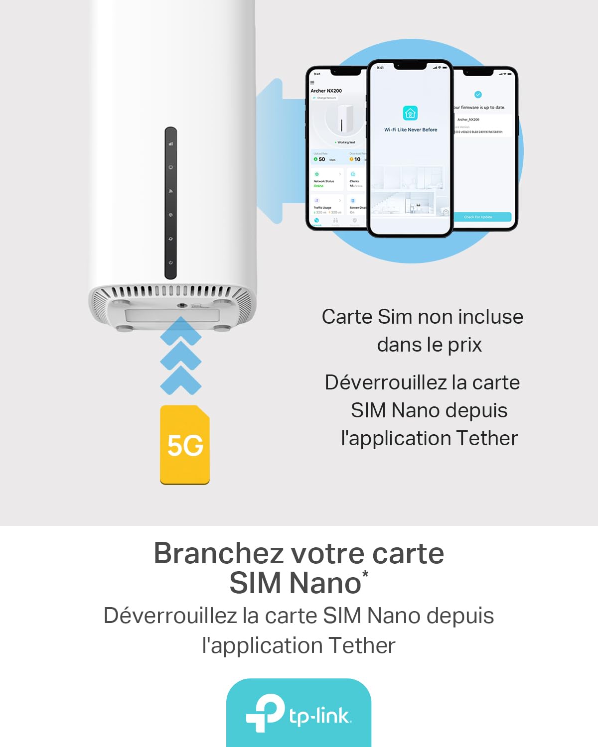 TP-Link Routeur 5G Archer NX505 Wi-FI 6 AX3000Mbps Bi Bande, Jusqu’à 4,67 GB/s, 1 Port WAN/LAN, Jusqu’à 64 Appareils, EasyMesh, libertez-Vous de la Box opérateur avec Tous Les NanoSIM