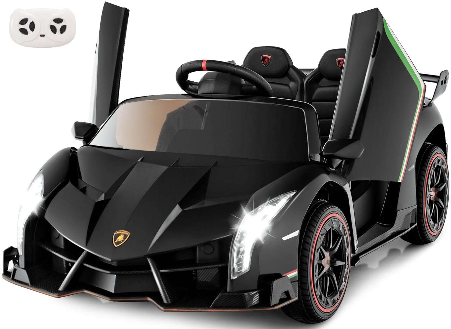 INFANS 2 Seater Kids Ride on Car, 12V 4WD Licensed Lamborghini Veneno Powered Electric Vehicle with Hydraulic Doors, Rocking Mode, Adjustable Speeds, Remote Control, MP3, Headlight (Black)OEKO-TEX STANDARD 100