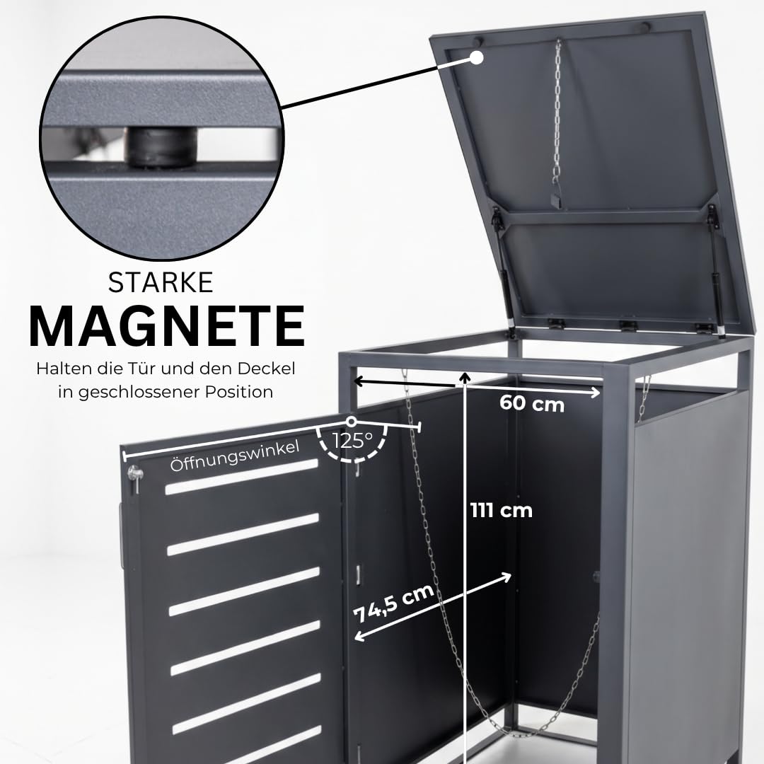 Mega Holz Mülltonnenbox 3er Set, abschließbare Müllbox, je 240 Liter | Mülltonnenverkleidung für draußen, 198 x 80 x 117 cm, Mülltonnenverkleidung, 60 bis 240 Liter Tonnen, Stahl pulverbeschichtet
