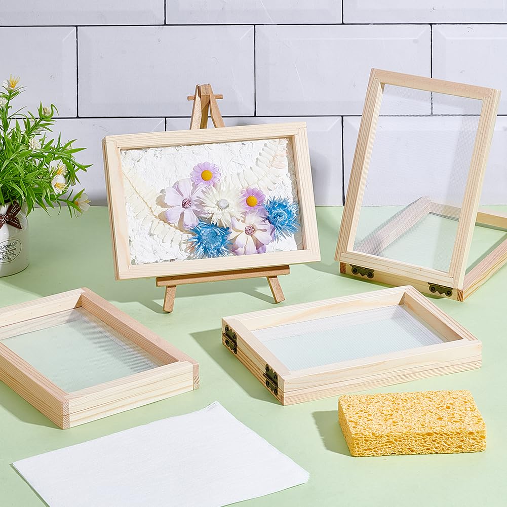 NBEADS 10 Stück Papierherstellungsrahmen Set, A6 Große Hölzerne Papierschöpfform Mit Sieb Und Schwamm Scheuerschwamm Für DIY Papierbastelarbeiten, Innendurchmesser: 15.6x10.2cm
