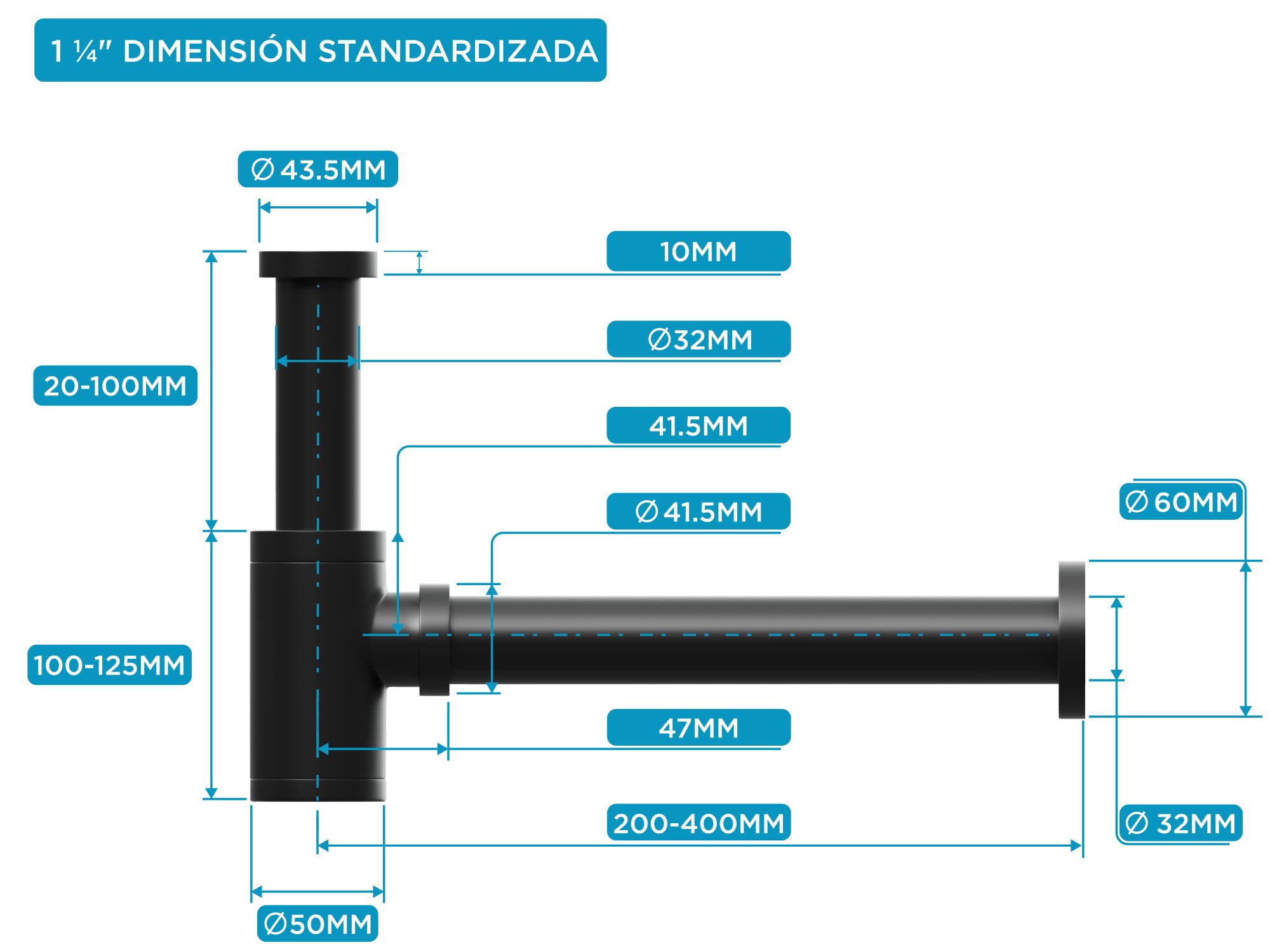 Aqua Bagno - Sifón flexible para lavabo - juego de desagüe para lavabo - sifón de olores con abertura de limpieza Sifón de diseño negro mate
