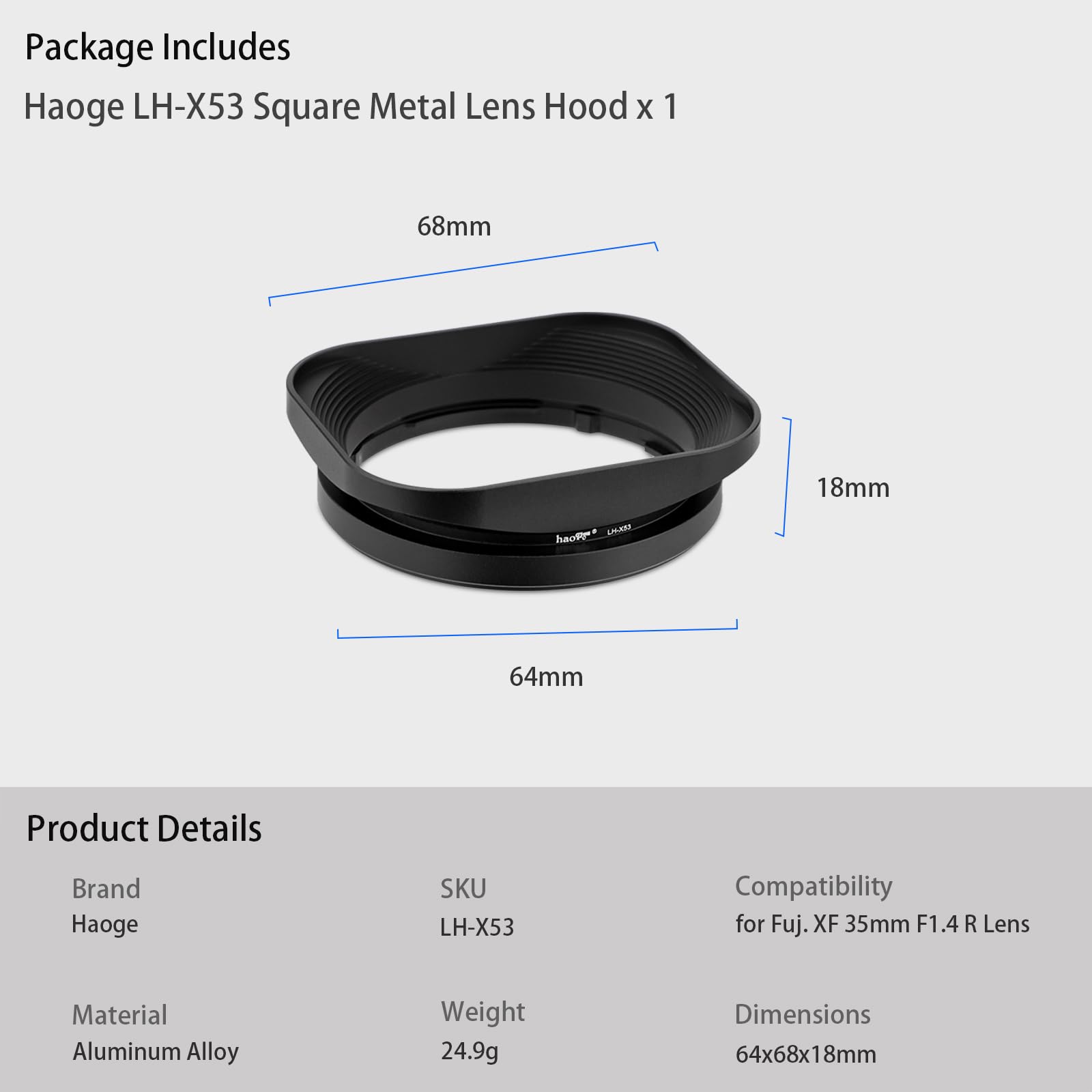 Haoge LH-X53 Bayonet Square Metal Lens Hood for Fujifilm Fuji