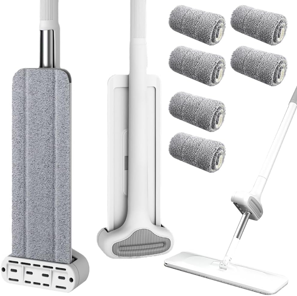 Self-Washing Flat Mop for Wet and Dry Use, Hand-Free Wringing Floor Cleaning, Microfiber Mops (1 Mop + 4 Cloths)
