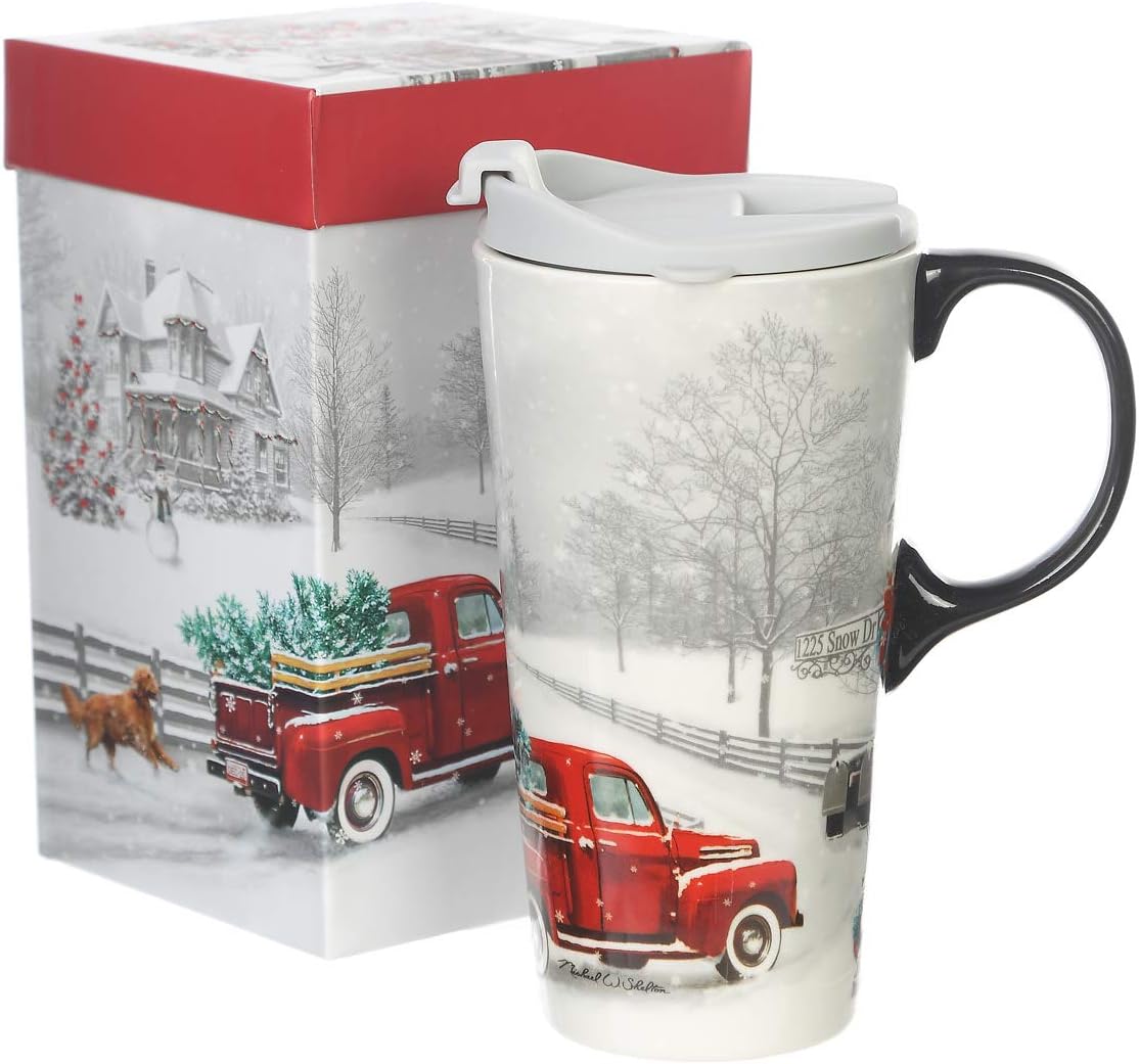 Topadorn 17oz Ceramic Travel Mug with Lid, Christmas Red Truck Coffee Mug