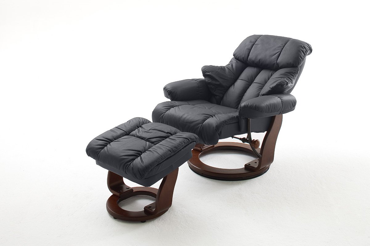 Robas Lund Relaxsessel Calgary mit Hocker, bis 130 kg belastbar, drehbarer Fernsehsessel mit Liegefunktion, Echtleder schwarz, Gestell Holz walnuss
