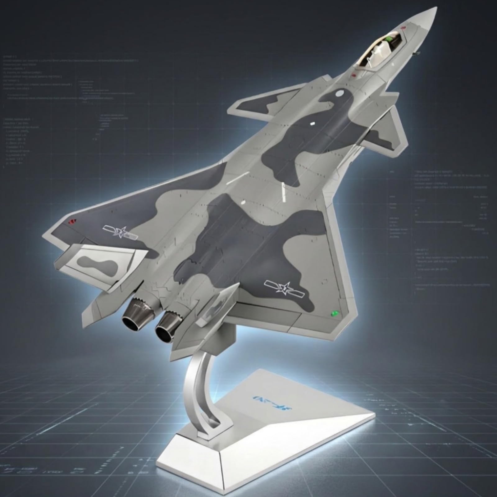 Jiuvaso Aereo Modello da Caccia Miniatura Scultura Maquette Metallo Lega con Supporto Verticale Linee Stampate Profilo Adatta per Collezionismo Decorazione Interni Ufficio, Mimetico