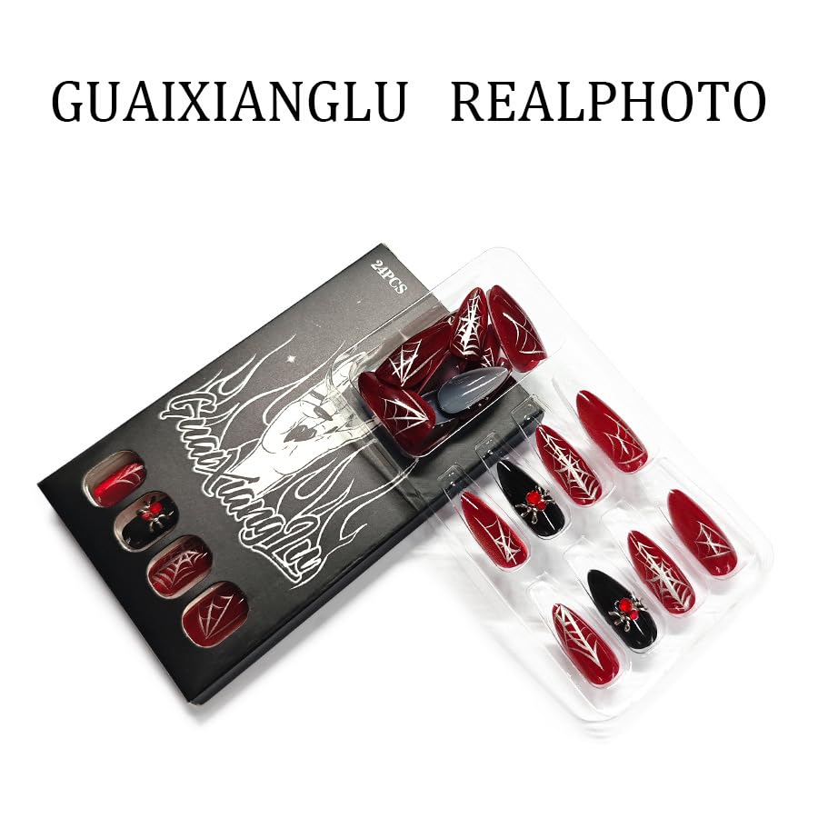 Halloween 24PCS Black Red Rhinestones Cat Eye Spider Web Press on Nails for Women Almond Medium Glossy Fake Nail Acrylic Full Cover Stick on Nails Manicure Decoration Reusable False Nail Kit Gift image 3