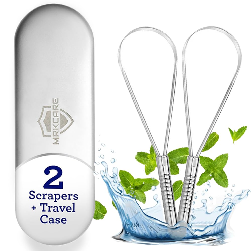 Tongue Scraper, 100% Surgical Grade Stainless Steel Tongue Cleaner for Adults & Kids Oral Hygiene- 2 Pieces Tongue Scraper with Metal Travel Case (Stainless Steel New Model)