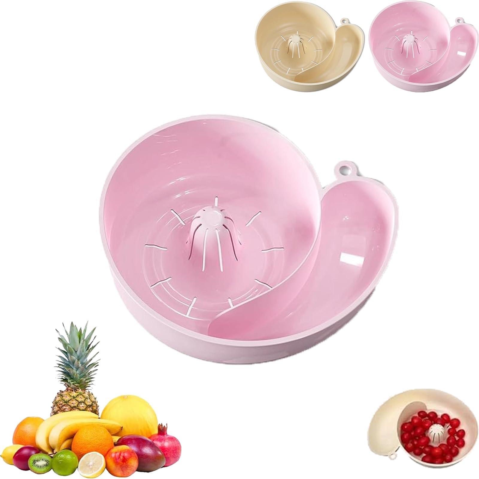 Creative Automatic Rotation Snail Shape Fruit Drainer Basket,Snail Shape Drainer,2025 New Automatic Vegetable and Fruit Washer Snail-Shaped Drain Basket Berry Washer Spinner Bowls (Pink)