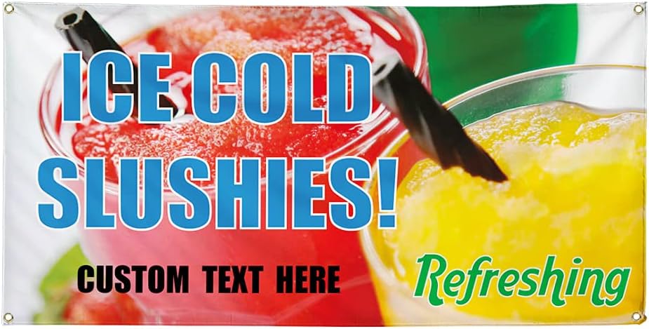 Custom Vinyl Banner Multiple Sizes Ice Cold Slushies! #1 Advertising Printing Beverage Signs Outdoor Weatherproof Industrial Yard Signs 4 Grommets Personalized Text Here 16x40Inches