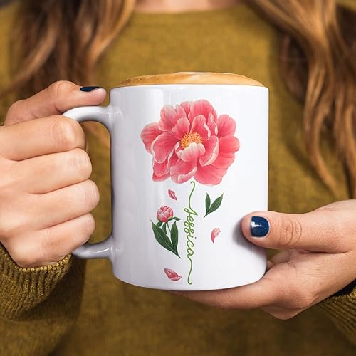 Miniatura 5 de CUBICER Tazas de café personalizadas, diseño de flor de peonía, tazas de cerámica blanca, taza de viaje grande, vaso para beber, regalos de Navidad