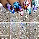 Christmas Nail Stickers, 3D Holographic Snowflake Nail Decals Snowflake Elk Bell Xmas Tree Colourful