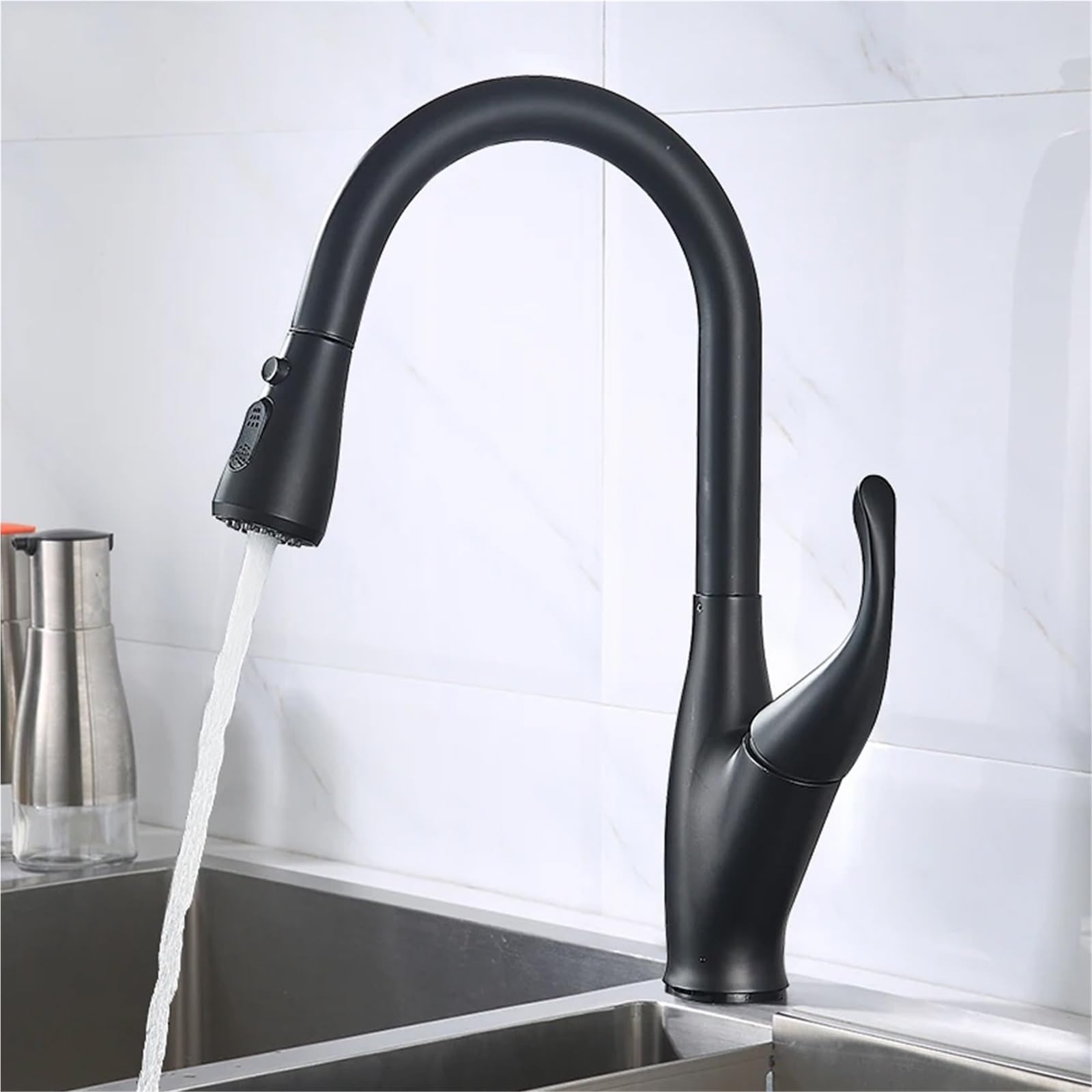 Brass 360 ° Rotatable Pull Out Kitchen Faucet Deck Mounted Pressurized Dual Mode Hot and Cold Mixer(Matte Black)