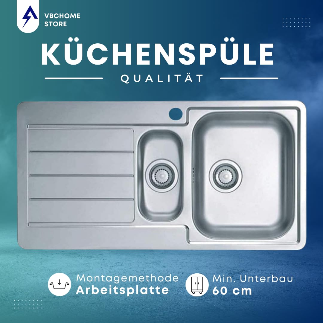 VBChome Edelstahlspüle 98 x 50 cm Satinstruktur Spülbecken mit Hahnloch Abtropffläche Links 1,5 Becken Ablaufgarnitur Einbauspüle Camping Küchenspüle