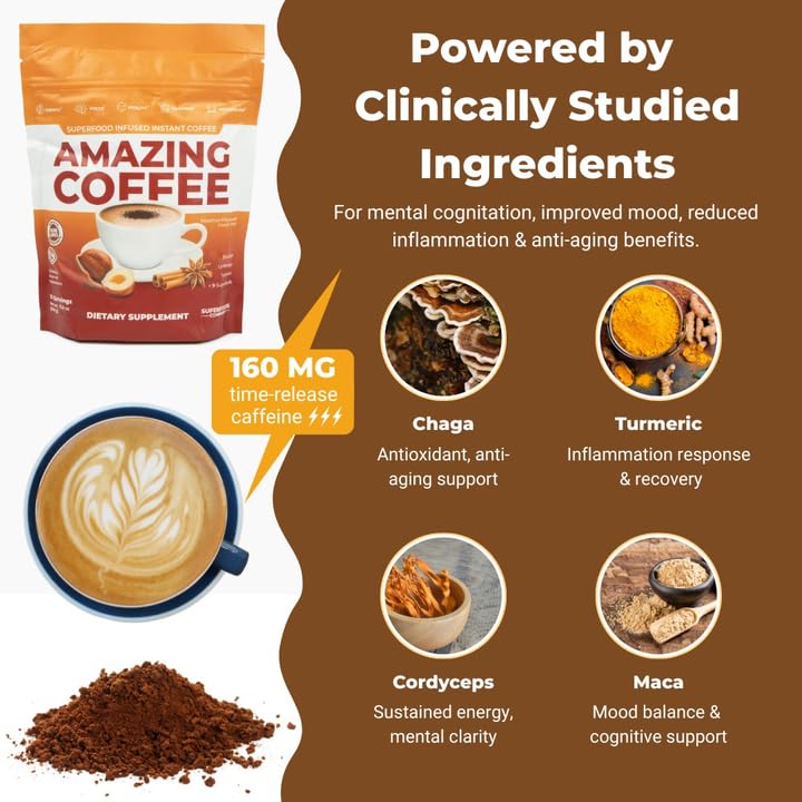Superfoods Company |Amazing Coffee - Instant French Roast | Adaptogenic Mushrooms, Superfoods infused - Energy, Focus, Digestion, Immunity - 30 Servings - Cocoa Flavor