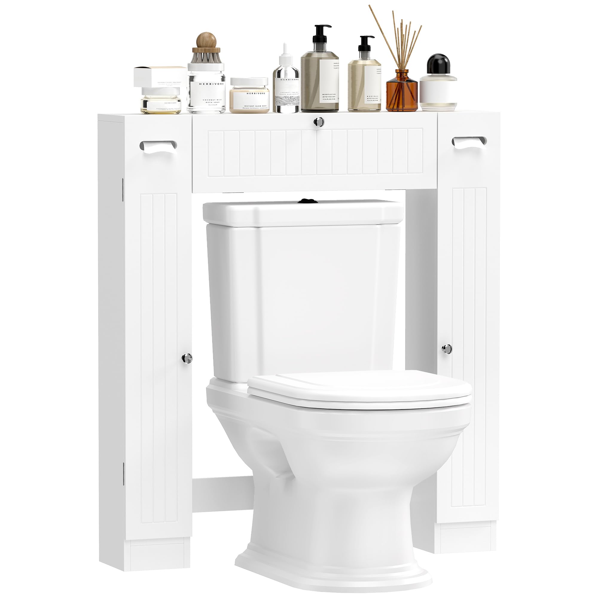 HOMCOM Meuble WC Dessus de Toilette, Armoire au-Dessus des Toilettes avec 2 placards, tiroir basculant, Porte-Papier et étagères réglables, 88 x 18 x 98 cm, Blanc