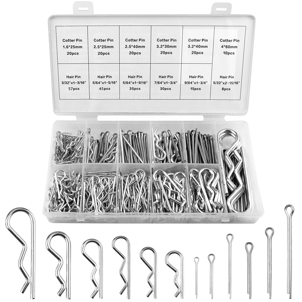 BGTXINGI 300pcs 12 Kind Zinc Plated R Shaped Clips Split Cotter Pins Assortment Kit Retaining Hairpin Fastener for Automotive Mechanics Small Engine Repair with A Clean Case